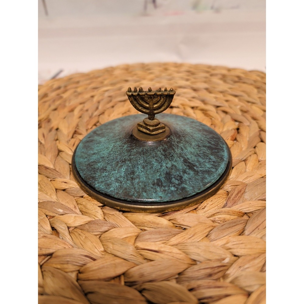 Brass Lidded Bowl with A Verdigris Finish Menorah Finial - Picture 8 of 10